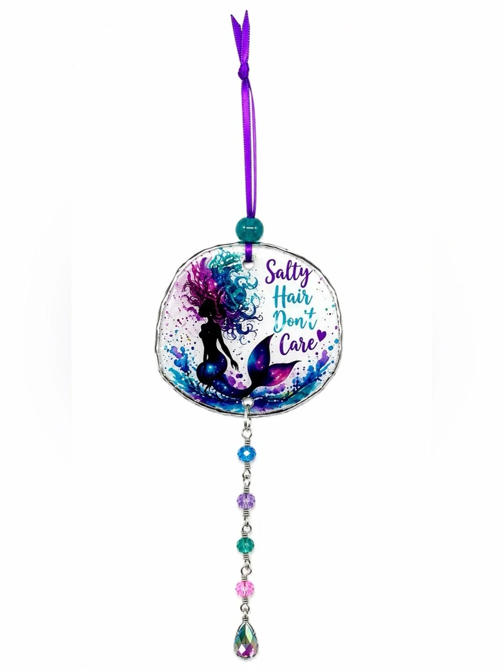 Decoupage Mermaid Crystal Sun Catcher — Purple & Teal Decorative Wall Hanging